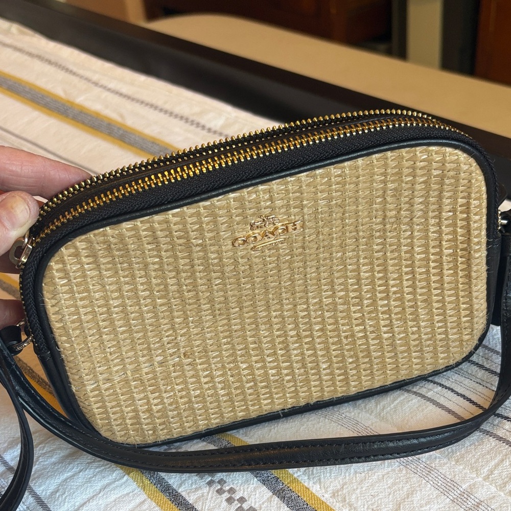 Coach Straw-Weave Crossbody Bag with Black Trim and Gold Hardware